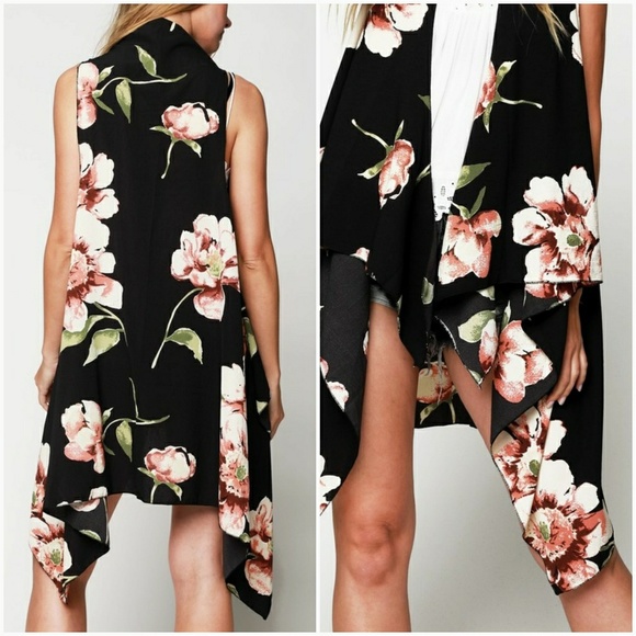 Long Draping Floral Vest - Black - Picture 2 of 3